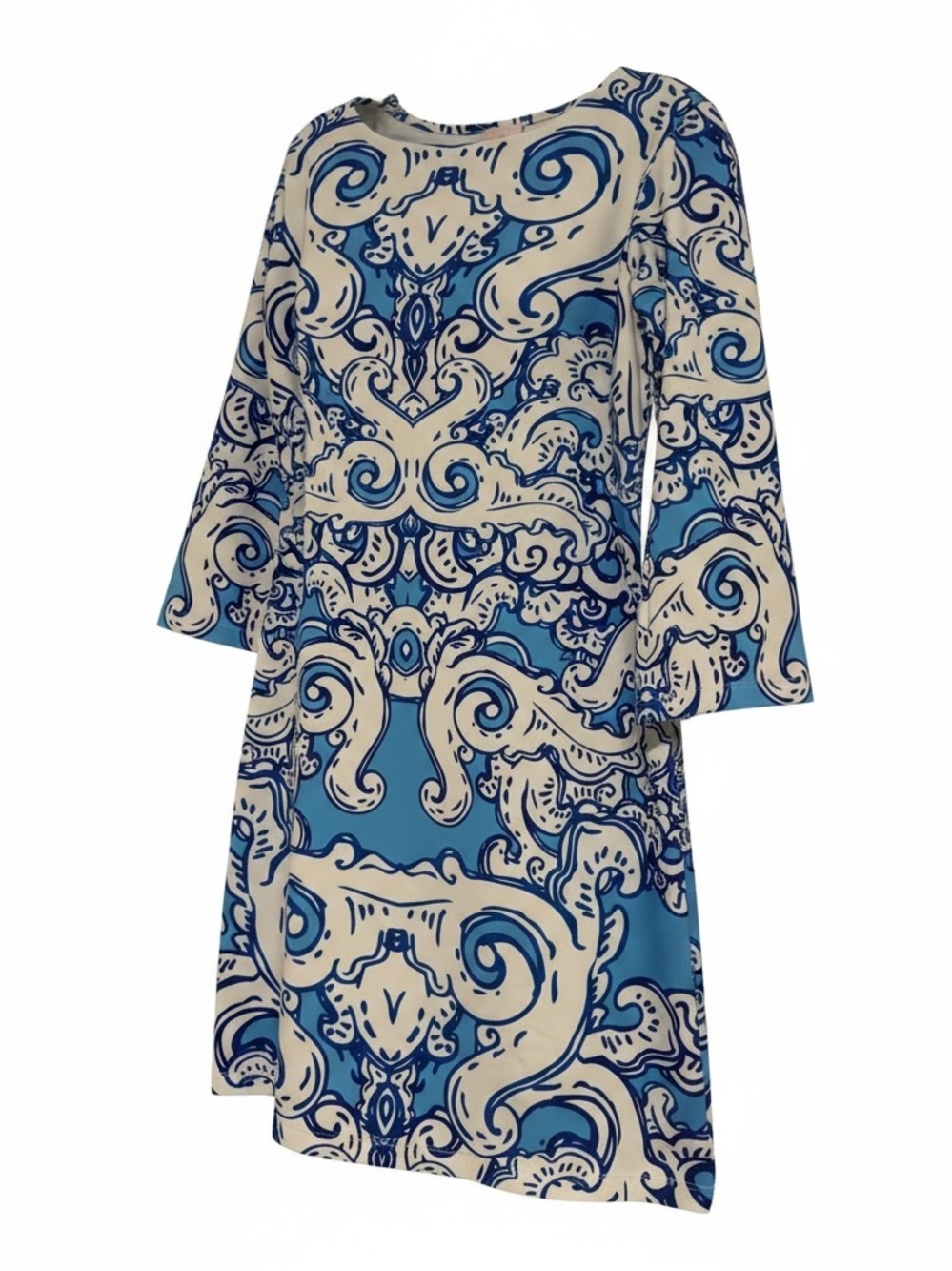 Aris Blue & Cream Long-Sleeve Printed Shift Dress